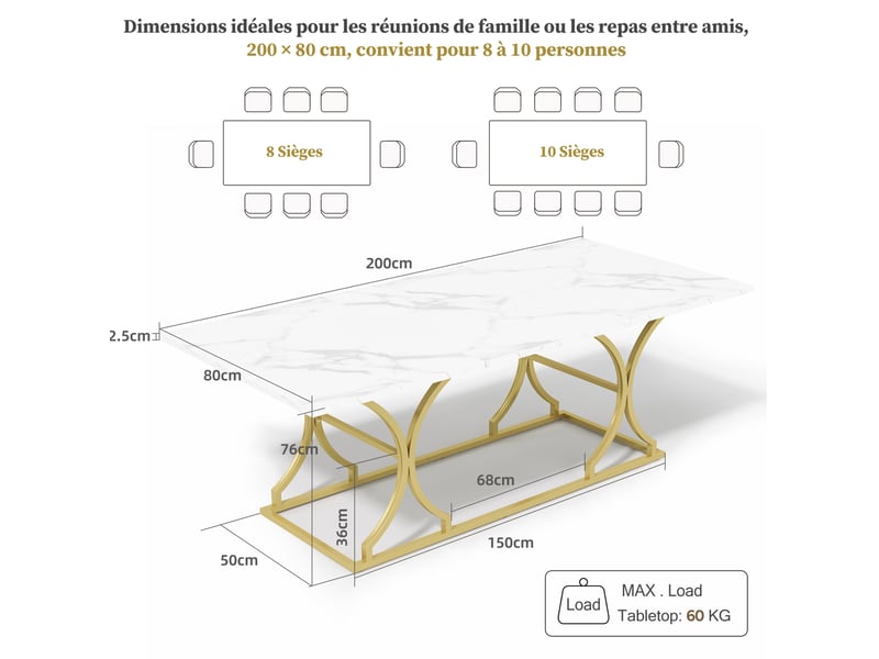 Table à manger 200x80x76 cm, 8-10 pers, plateau effet marbre(non marbre), pieds métal réglables, mdf, blanc et doré - Conforama C