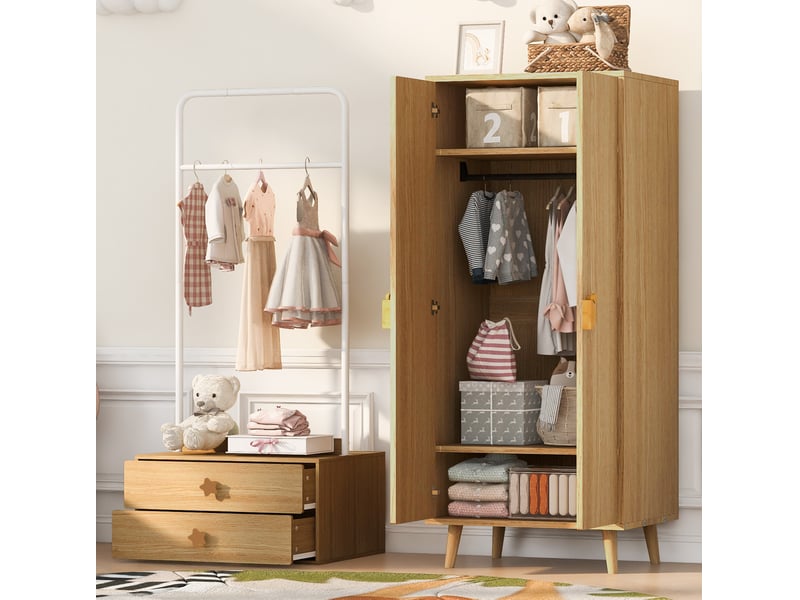  Armoire 2 portes avec penderie, grand espace de rangement et pieds surélevés pour chambre d'enfant en mdf bois clair  - Conforama B