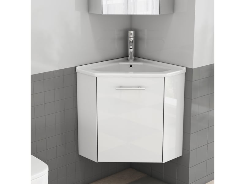  Meuble de salle de bain - 41.5x41.5x50cm - meuble d'angle lave-mains suspendu prémonté avec vasque céramique &amp; porte - blanc  - Conforama B