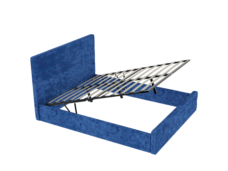 Lit double 140x200 cm en velours bleu, tête de lit capitonnée, style moderne pour chambre - Conforama D