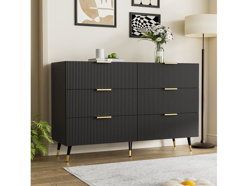 Commode 120x40x77cm, chiffonier avec 6 tiroirs de rangement, meuble salon, aggloméré, noir - Conforama B