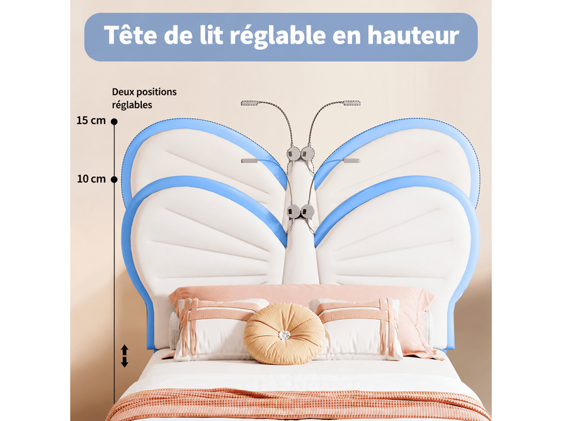  Lit enfant 90x190 avec liseuse, lits 1 personne avec tête de lits réglable en hauteur en forme de papillon, lit capitonné pour fille adolescent, velours, sans matelas (blanc + bleu)  - Conforama D