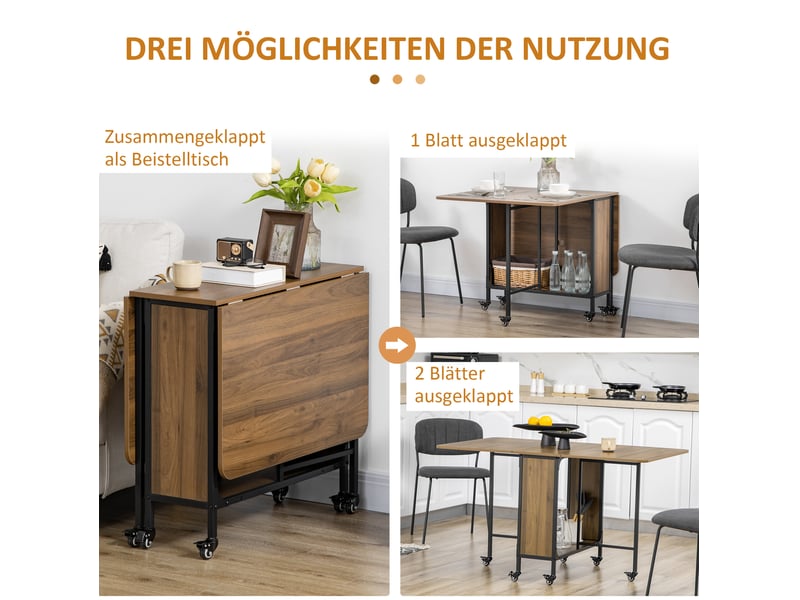  Table de salle à manger pliante pour 6 personnes avec tablette et 6 roulettes freinées marron clair 130 × 80 × 74 cm  - Conforama E