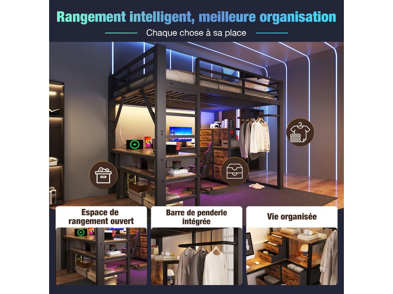 Lit mezzanine 140x200 cm en métal avec bureau d'angle, 7 tiroirs en tissu, led, prises eu, usbtype-c, brun vintage et noir. - Conforama E