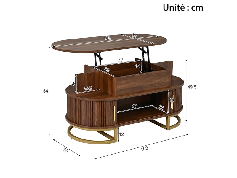 Table basse relevable ovale avec rangement caché, portes coulissantes, mdf, couleur noyer  - Conforama C