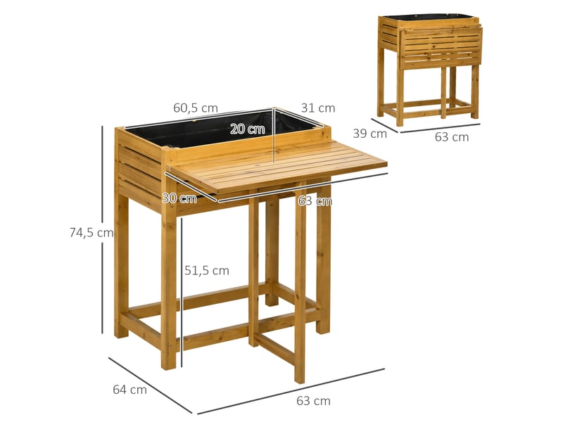 Jardinière surélevée avec table 64x63x74,5 cm – marron – plan de travail pliant et bac doublé de feutre - Conforama C