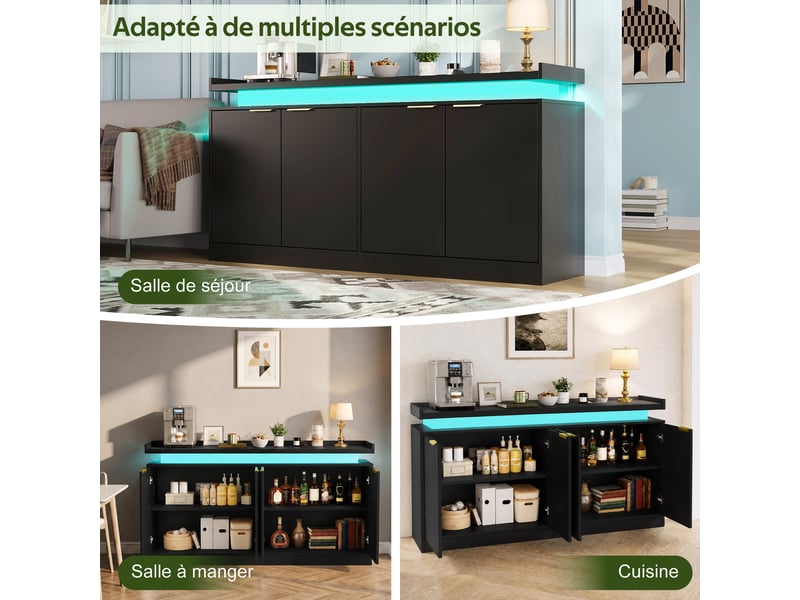  Buffet 4 portes avec éclairage led rgb, buffet noir en mdf 160 cm  - Conforama R