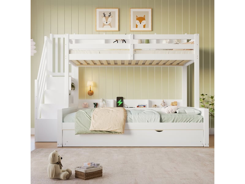 Lit superposé 90x200cm + 140x200cm - avec lit gigogne - avec échelle de rangement et port usb - mdf - blanc (sans matelas) - Conforama D
