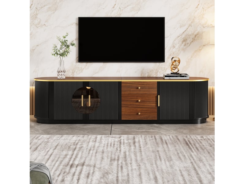  Meuble tv avec 3 tiroirs, 3 portes, passe-cables integre, mdf noir et verre brun, 180x40x46 cm  - Conforama B