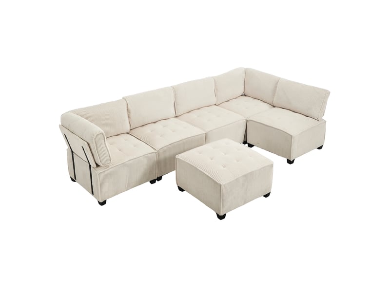  Canapé modulaire 6 places 308x154x81,99 cm poches latérales velours côtelé beige  - Conforama A