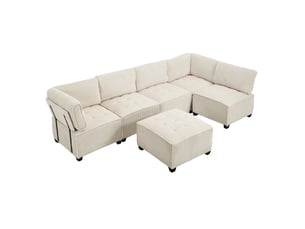 Canapé modulaire 6 places 308x154x81,99 cm poches latérales velours côtelé beige