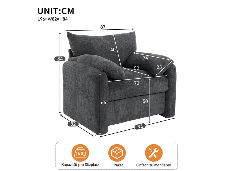 Fauteuil tcqpz moderne en chenille gris 96 x 82 x 84 cm avec accoudoirs rembourres  - Conforama C