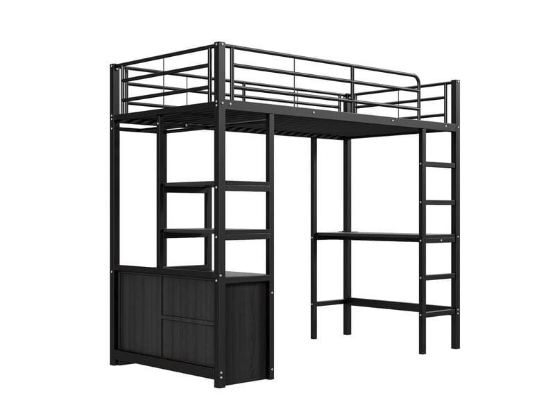 Lit mezzanine avec bureau, prise usb et rangements, métal noir, 90x200 cm, sans matelas - Conforama E