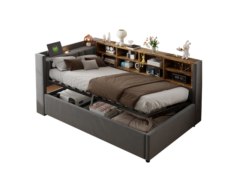 Lit coffre simple 90x200 cm avec veilleuse usb et type-c, gris foncé, sans matelas - Conforama A