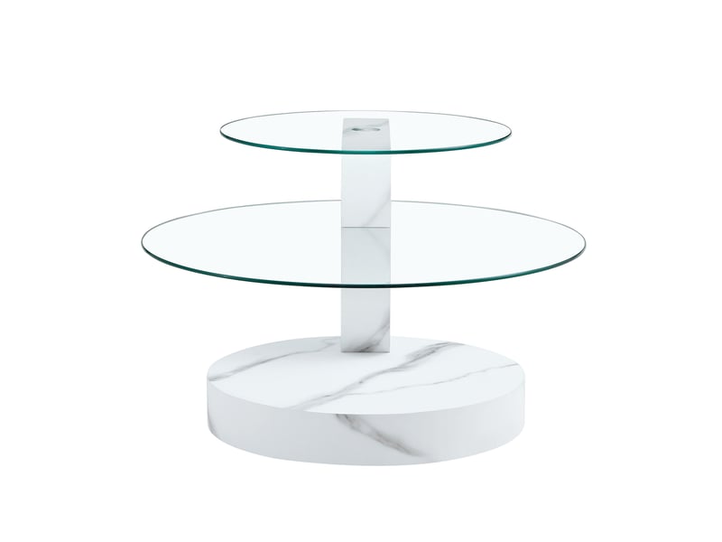 Table basse à deux niveaux avec plateau en verre trempé - lpospi - rangement mdf effet marbre blanc  - Conforama A