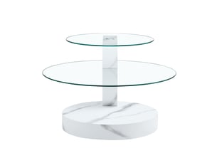 Table basse à deux niveaux avec plateau en verre trempé - rangement mdf effet marbre blanc
