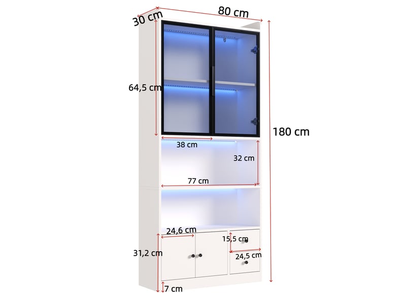 Vitrine avec portes en verre fumé, tiroirs et led rvb pilotée par application pour salon, salle à manger ou bureau - Conforama D
