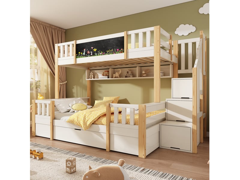  Lit superposé 90x200+140x200 avec tableau noir escalier coffre, 2 tiroirs, bois et mdf, blanc et naturel sans matelas  - Conforama W