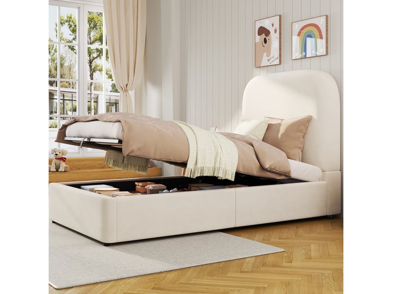  Lit coffre enfant 90x200 cm à ouverture hydraulique, velours beige  - Conforama C