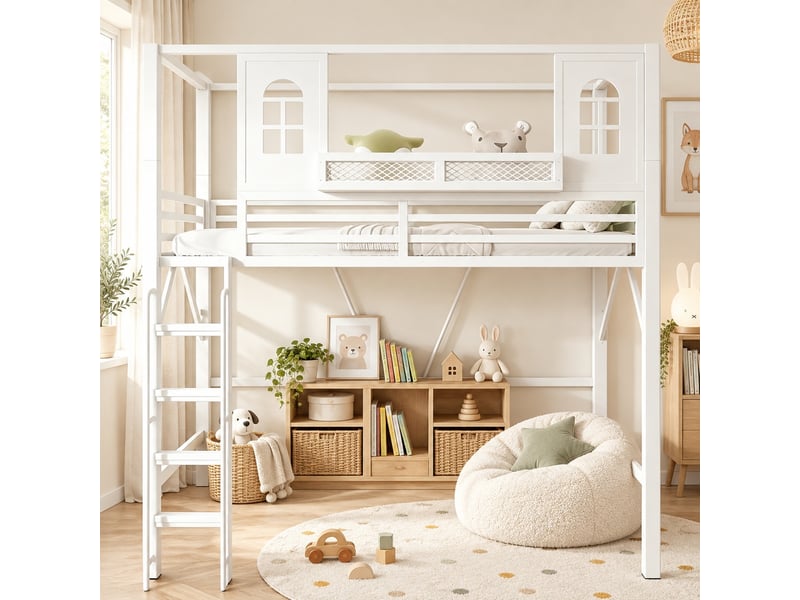  Lit mezzanine enfant 90 x 200 cm en métal avec toit, échelle de sécurité, espace de jeu avec fenêtre et tablette, blanc  - Conforama D