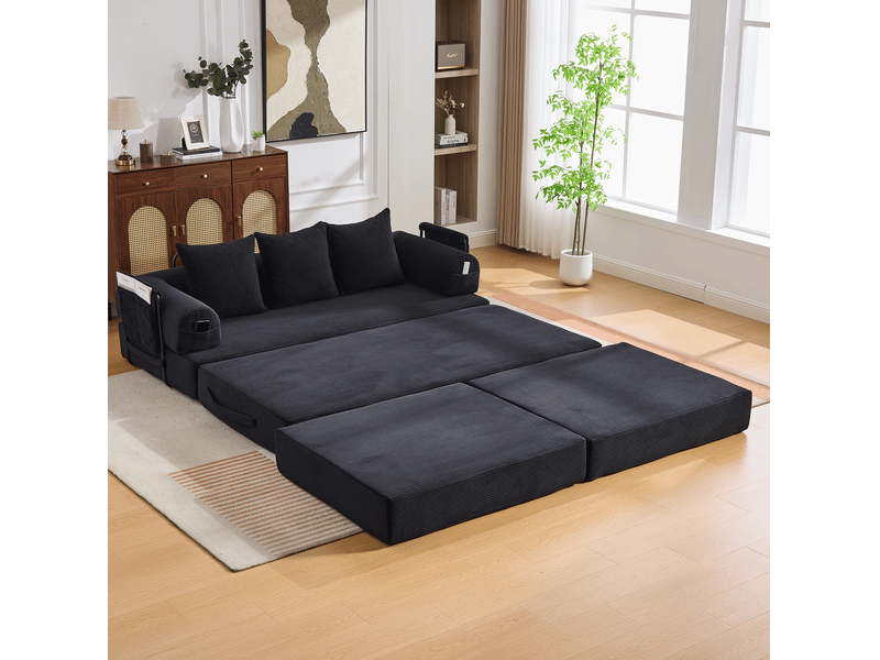  Canapé modulable 3 places avec poche latérale, 3 coussins et assise confortable en corduroy noir  - Conforama B