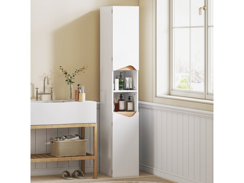  Meuble colonne salle de bain étroit, 2 portes, compartiments ouverts, 30 x 34,6 x 180,5 cm, étagères réglables, blanc  - Conforama D