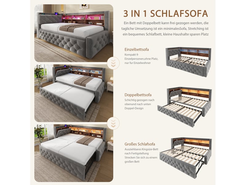  Lit extensible, 90x190 cm, doté d’un espace de rangement, led, usb et type c, matelas non inclus, tissu, coloris gris  - Conforama D