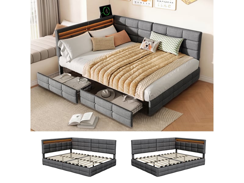  Canapé lit 140x190 en l, clic clac 2 places convertible avec 2 tiroirs, led lit avec ports usb, montable des deux côtés, gris lin capitonné  - Conforama W