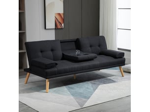 Canapé convertible 3 places avec dossier réglable, table pliante et porte-gobelets en polyester gris