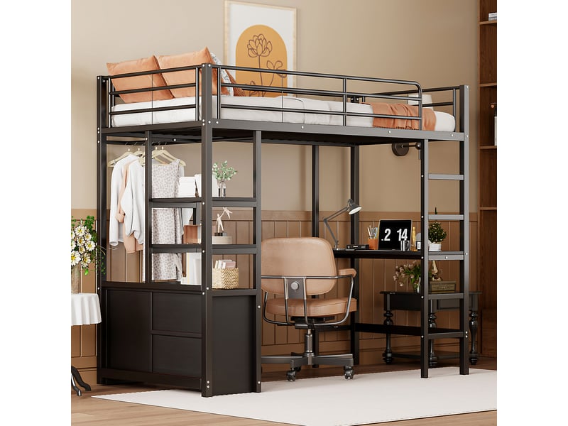  Lit mezzanine 90*200cm sans matelas, structure métal, bureau, prises usb, étagères, noir  - Conforama E