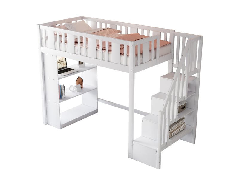  Lit mezzanine blanc 90x200cm avec escalier rangement, bureau, 15 lattes, gain de place, pratique - bois massif - pour enfant ado  - Conforama D