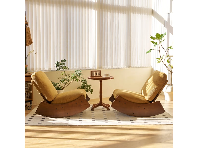  Fauteuil à bascule à glissement, velours côtelé et bois, jaune  - Conforama D