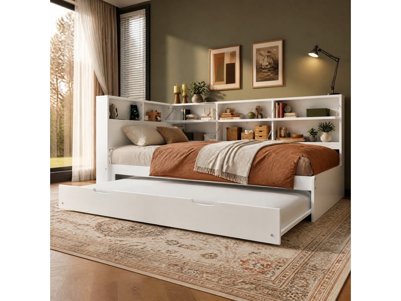  Lit gigogne 90x200 cm avec rangements et ports usb, blanc  - Conforama D