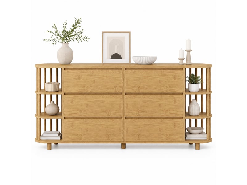 Buffet et enfilade avec 6 tiroirs, 6 étagères ouvertes et pieds réglables pour salon en mdf et bambou 160×40×75 cm  - Conforama A