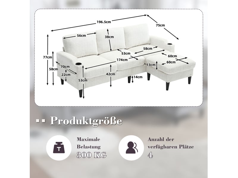 Canapé droit 4 places avec pouf coffre, porte-gobelets et poches latérales, en tissu beige, 196,5 × 75 × 77 cm - Conforama E