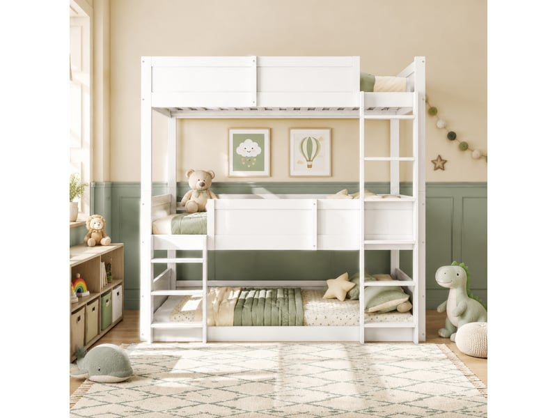  Lit superposé, lit 3 places en bois avec 3 niveaux et barrières, 90x200 cm, sans matelas, blanc  - Conforama B