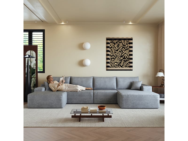 Canapé modulable gris 270cm, canapé d'angle en l moderne avec méridienne, assise profonde, sans montage - Conforama D