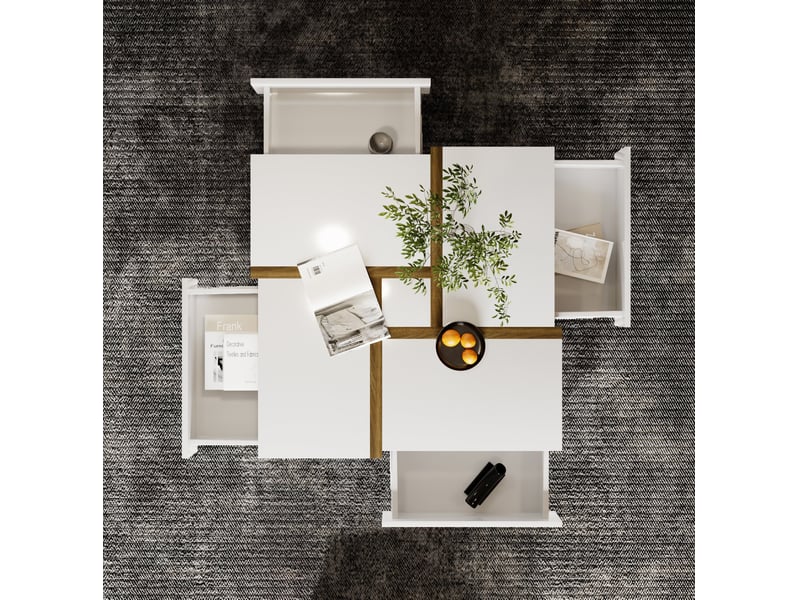  Table basse 78x78x34,8 cm 4 tiroirs brillante panneau de particules blanc et couleur bois  - Conforama E