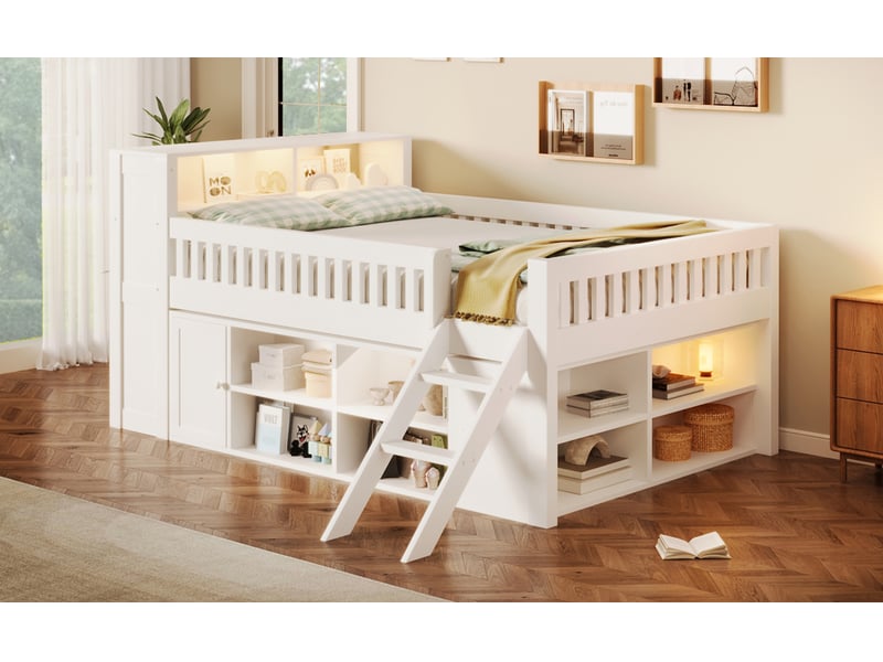  Lit en bois 140x200 cm avec led et rangements blanc mdf et pin structure 150 kg Sol Morn - Conforama B