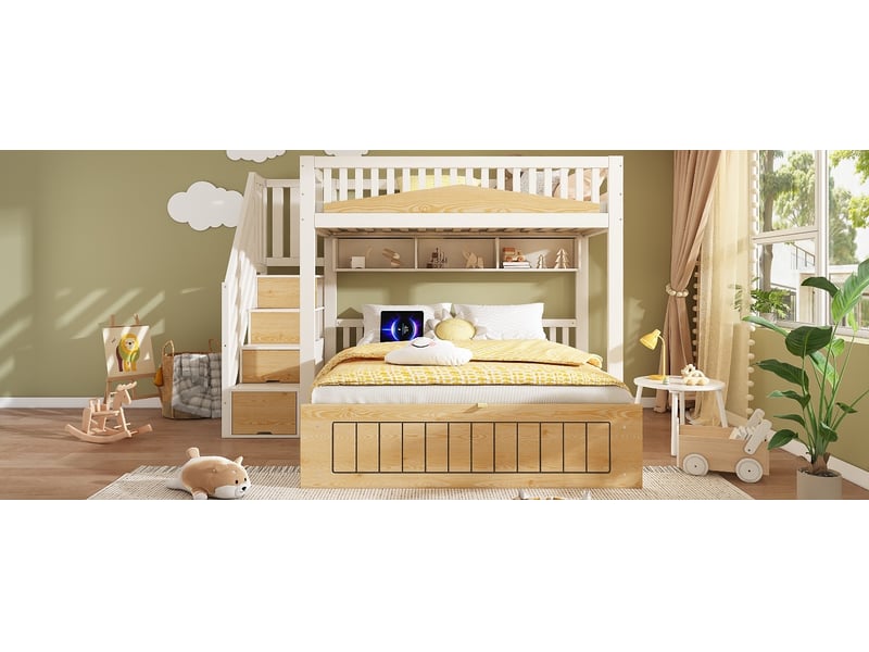  Lit mezzanine 90x200 cm et 140x200 cm avec rangement hydraulique, escalier, mdf, bois, métal, blanc et naturel sans matelas  - Conforama B