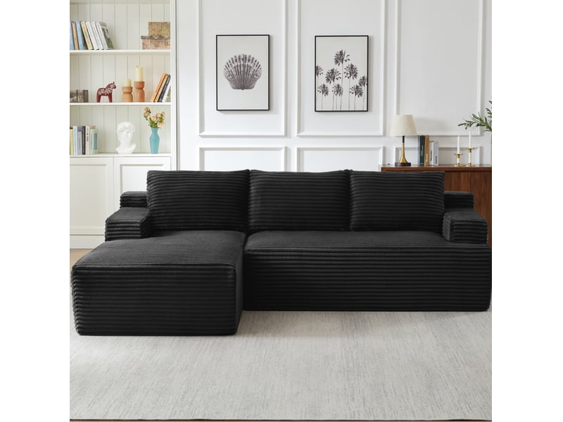 Canapé d'angle convertible modulaire 4 places, assise profonde et sans montage, en velours côtelé noir - Conforama C