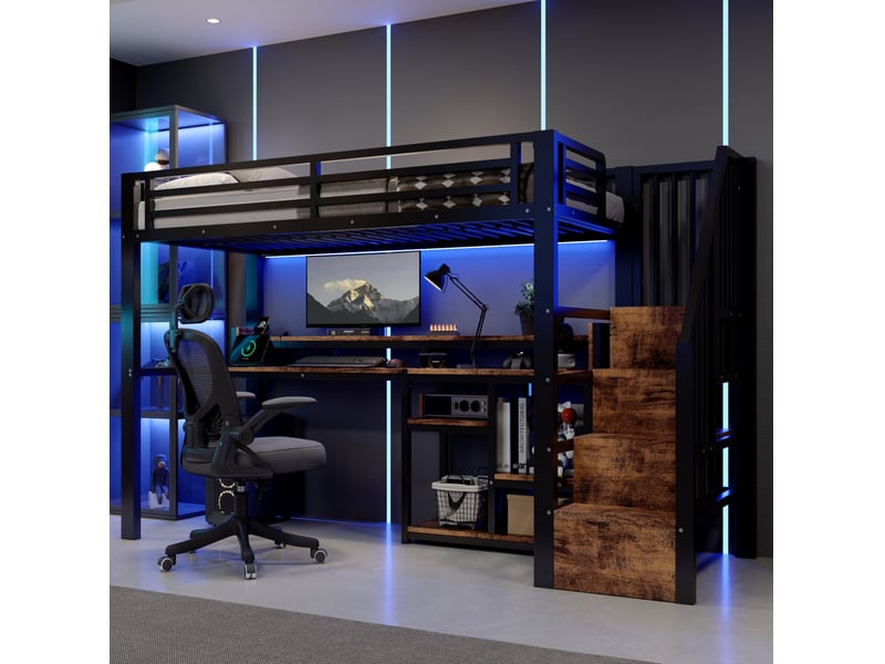 Lit mezzanine 90 × 200 cm avec escalier de rangement, bureau, étagères, led et prises usb pour chambre enfant noir  - Conforama B