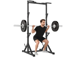 Support à squats réglable avec double support, porte-disque et barre de traction, acier, 112-100 x 201-217 cm, noir