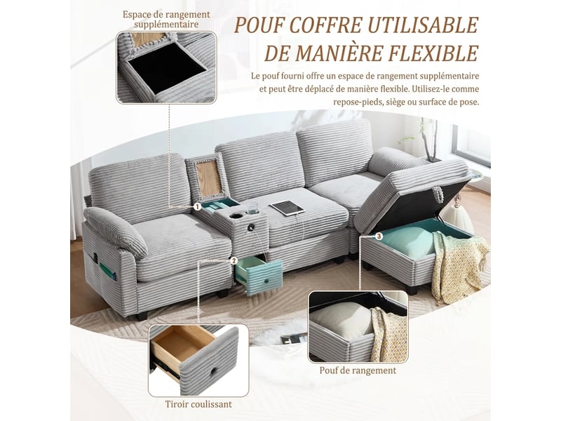 Canapé 3 places gris clair en velours côtelé avec usb-c 266 cm et ottomane de rangement mobile - Conforama W