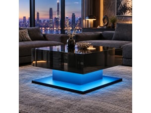 Table basse relevable 72x72x35 cm, couleur noir, design moderne, rangement et éclairage led