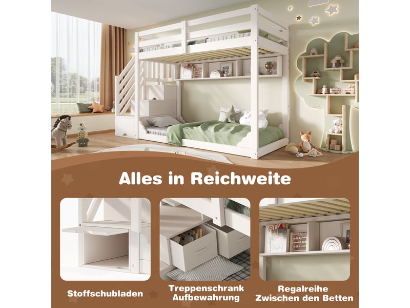  Lit superposé enfant 90x200 - escalier de rangement - 2 tiroirs tissu - 3 étagères ouvertes - garde-corps - sommier inclus - blanc  - Conforama C