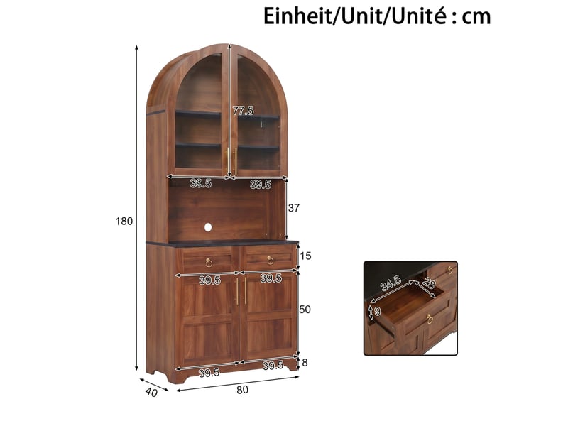 Buffet 80x40x180 cm avec vitrine en verre cintrée, éclairage led, prise intégrée et usb, 2 tiroirs, en mdf, noyer  - Conforama C