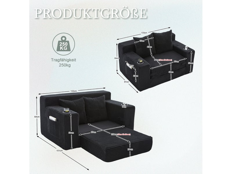  Fauteuil pouf double avec coussins, accoudoirs et poches latérales en velours côtelé noir, 151 × 133 × 64 cm  - Conforama D