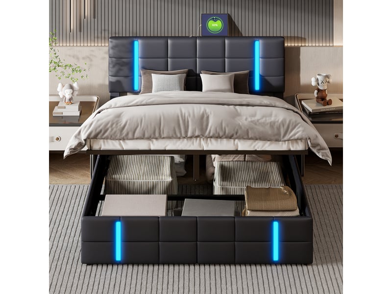  Lit double de rangement 160×200cm, relevage hydraulique, tête de lit led+usb, simili-cuir pu noir, matelas non inclus 231223YZ0402#ADHWtzCT14FRHF - Conforama B