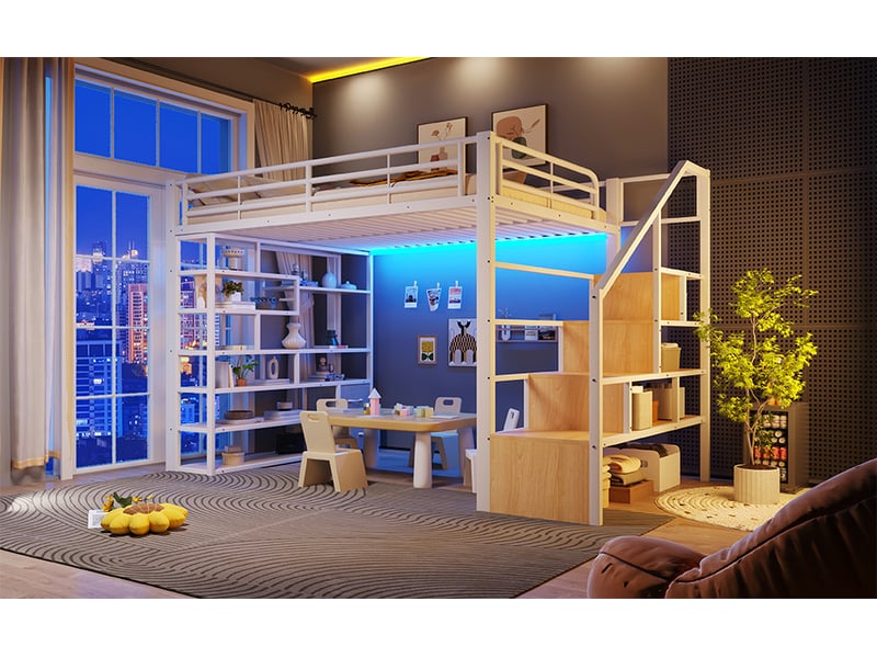  Lit superposé 140x200 cm blanc mdf et métal avec rangements tiroirs en tissu marches intégrées garde-corps échelle et ruban led sans matelas Sol Morn - Conforama D